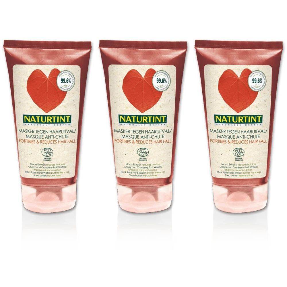 Drie tubes Naturtint Anti-Haaruitval Masker met hart-icoon en 99,6% zegel.