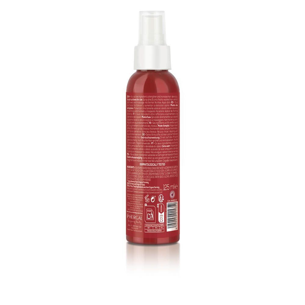 Achterkant van een fles Naturtint Versterkende Lotion met ingrediëntenlijst en bio-certificering.