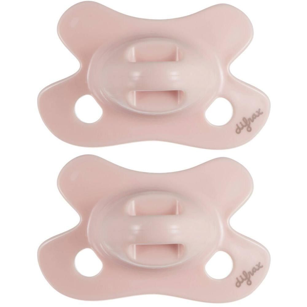 Twee lichtroze Difrax fopspenen met ovaal schild en twee ventilatiegaatjes.