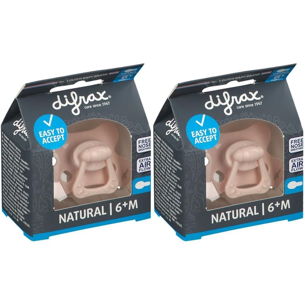 Twee Difrax Natural Blossom spenen, 6+ maanden, in verpakking. Met "Easy to Accept" en "Free Nose Air Flow" opdruk.