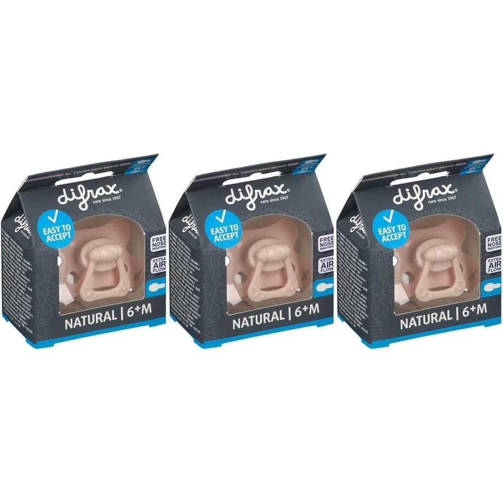 Drie Difrax Natural 6+M fopspenen in verpakking. De fopspeen is beige en heeft een schild met luchtgaatjes.