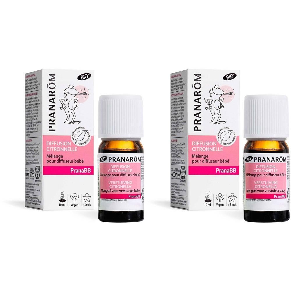 Twee flesjes Pranarôm citroengras diffusion olie voor baby's, 10 ml, met doosjes.