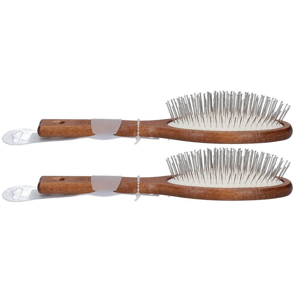 Deux brosses à cheveux ovales avec manche en bois et picots en métal.