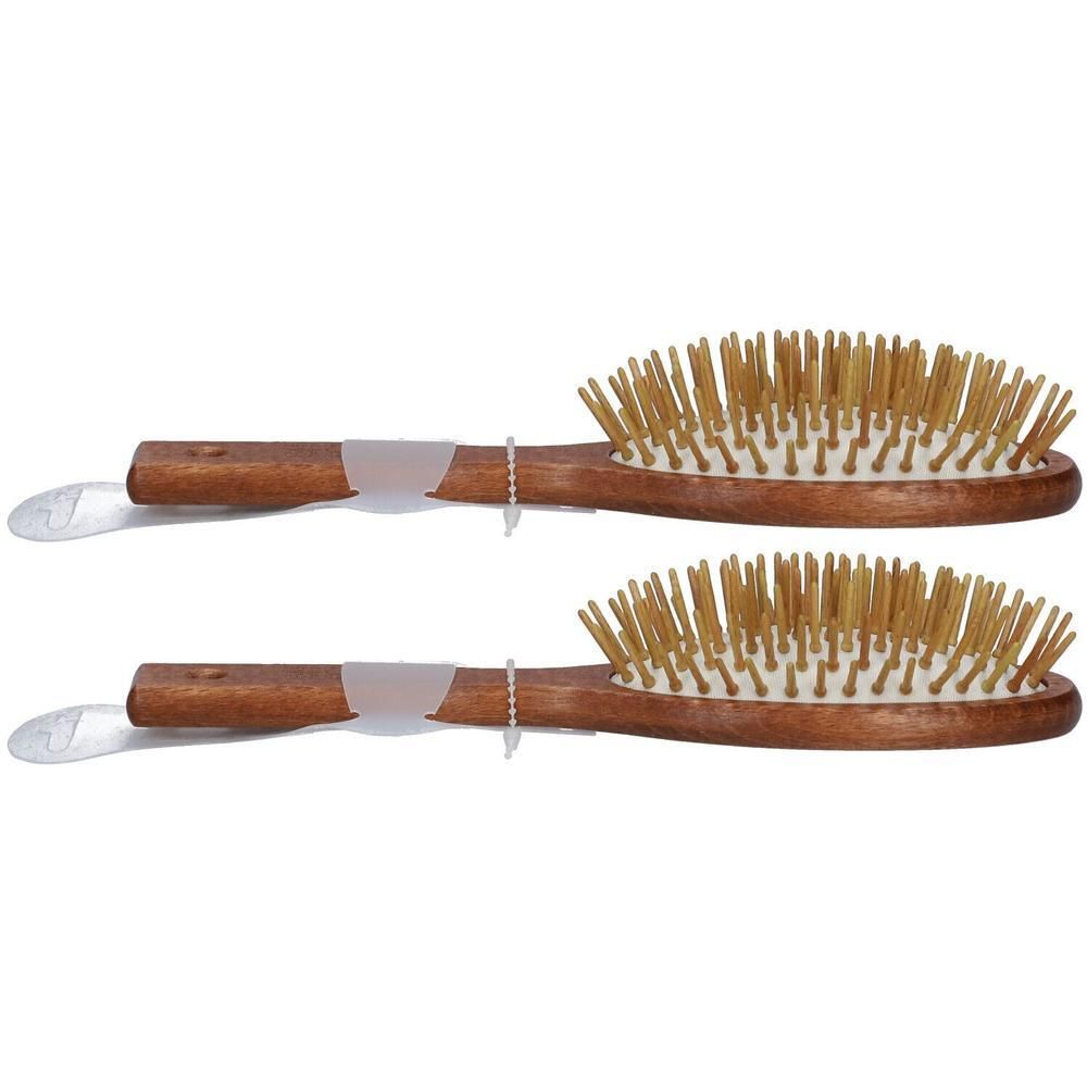 Deux brosses à cheveux ovales en bois avec picots en bois et extrémités de manche transparentes.