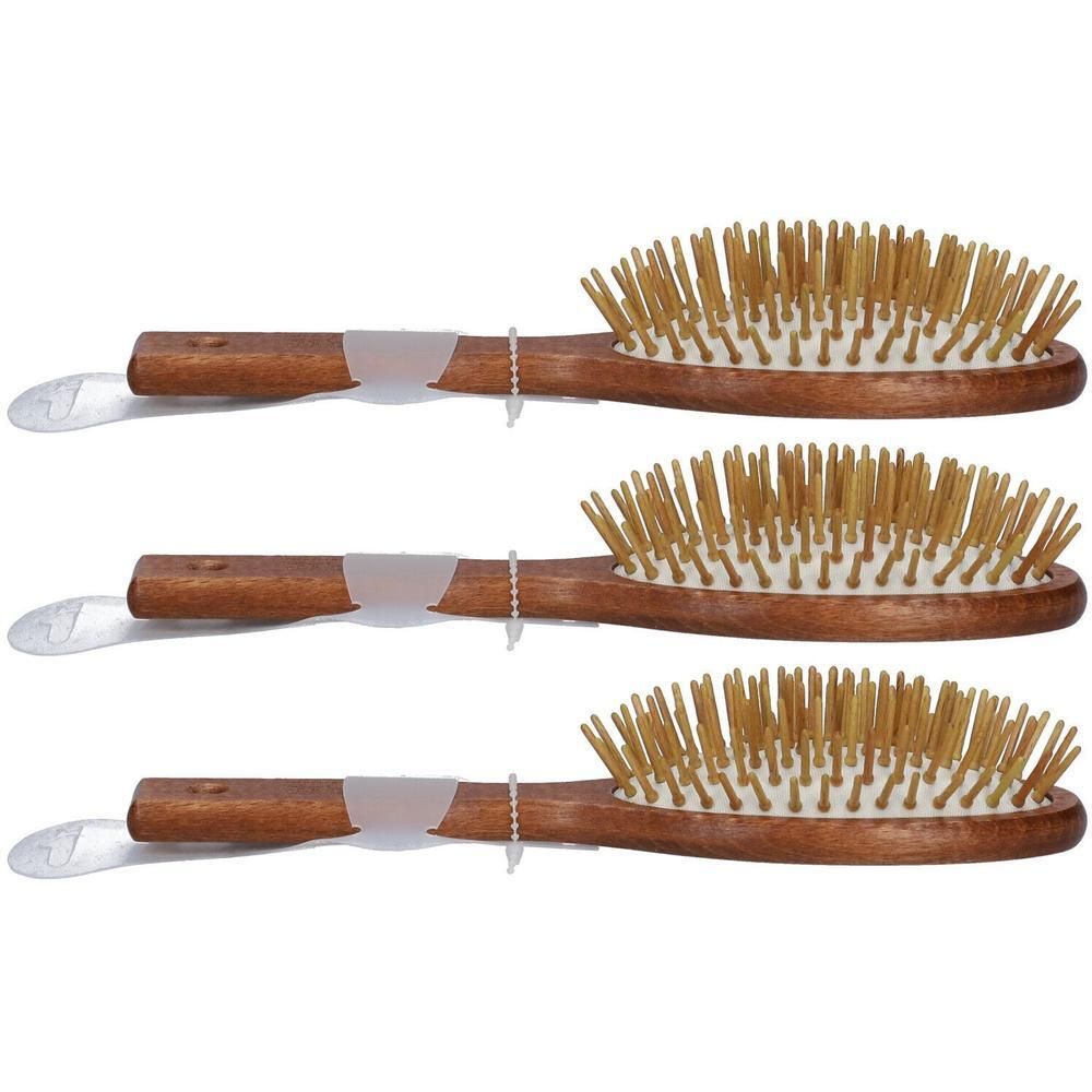 Drie ovale haarborstels met houten handvat en houten pinnen.