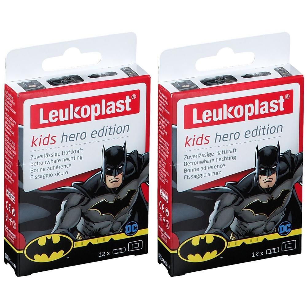 Twee pakken Leukoplast Kids pleisters met Batman-print, 12 stuks per stuk.