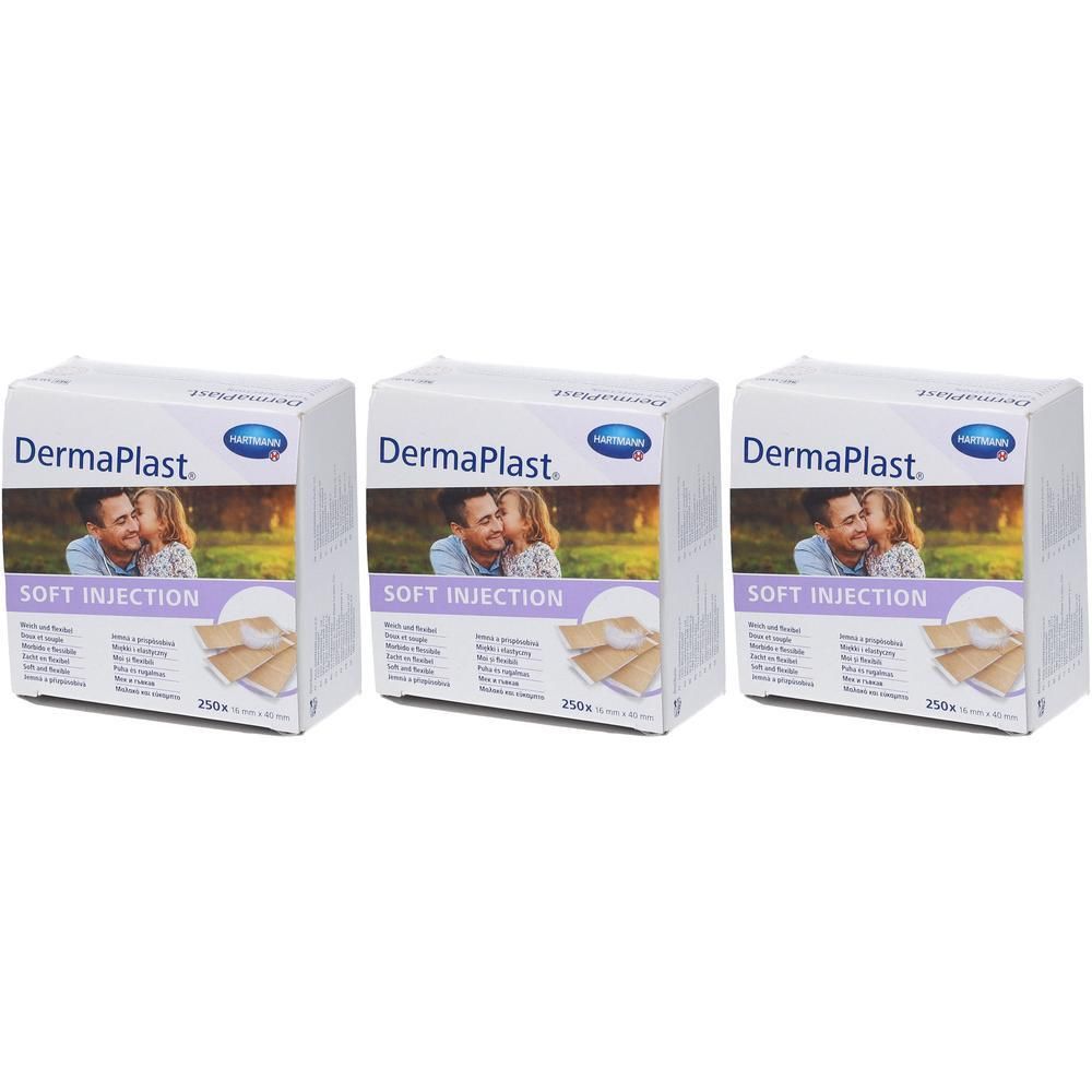 Drie pakken Hartmann DermaPlast Soft Injection pleisters.