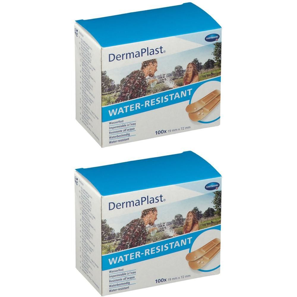 Deux boîtes de pansements Hartmann DermaPlast résistants à l'eau, 19x72mm.