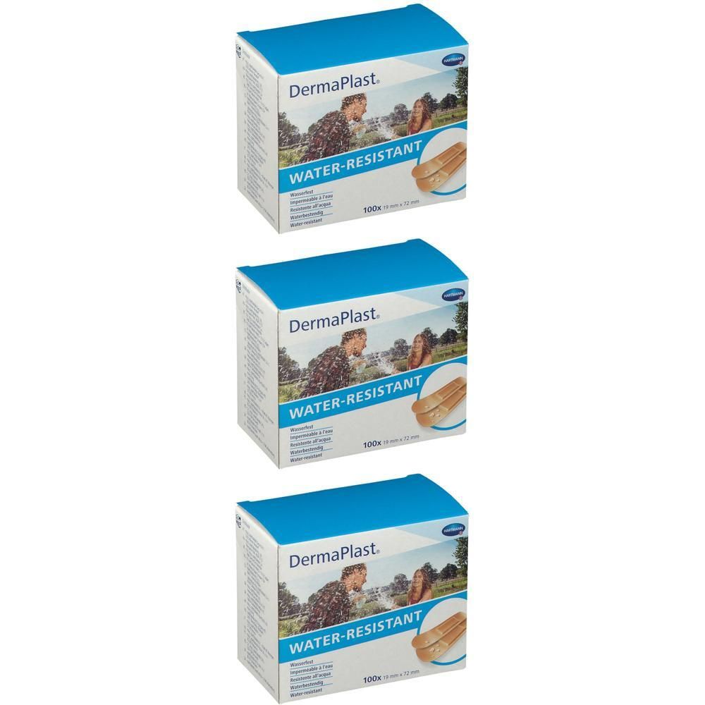 Drie pakken Hartmann Dermaplast Water-Resistant pleisters, 19x72mm. Elk pak bevat 100 pleisters.