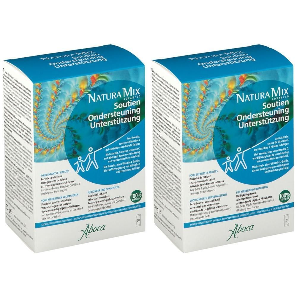 Twee pakken Aboca Natura Mix Advanced Soutien met spiraalpatroon en gestileerde figuren. Aboca logo onderaan.