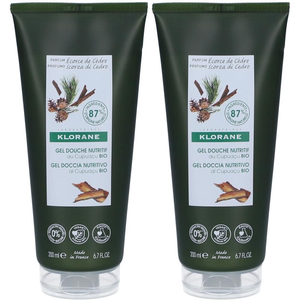 Deux gels douche Klorane Cupuaçu BIO à l'écorce de cèdre. Flacons de 200ml.