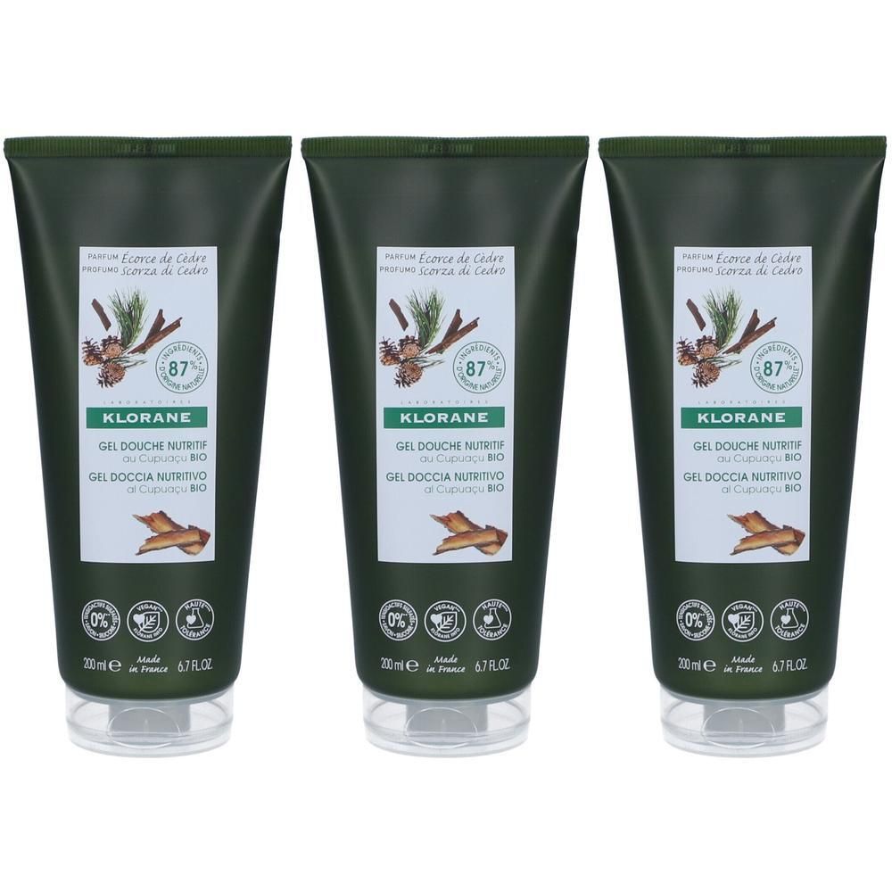Trois gels douche Klorane Cupuaçu BIO à l'écorce de cèdre. Flacons de 200ml.