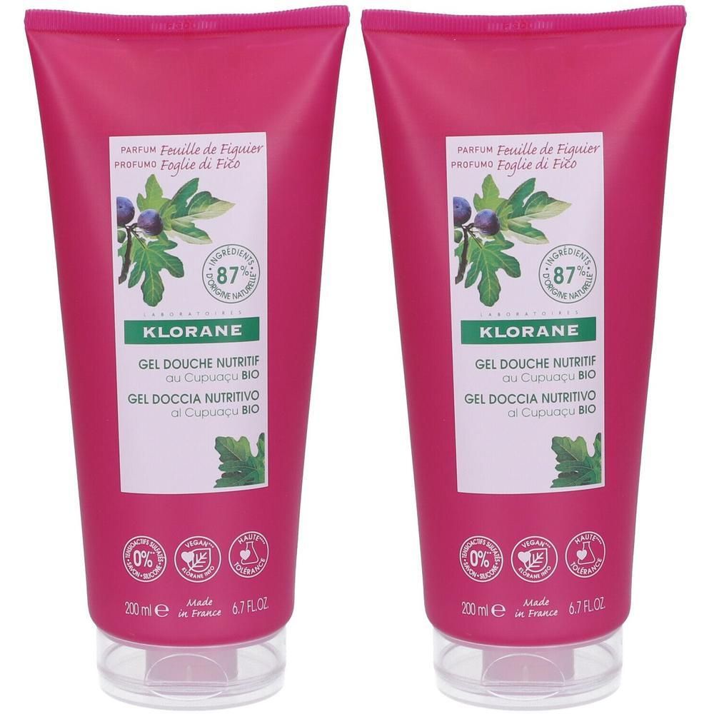 Deux gels douche Klorane au Cupuaçu BIO. Flacons de 200ml avec motif feuille de figuier.