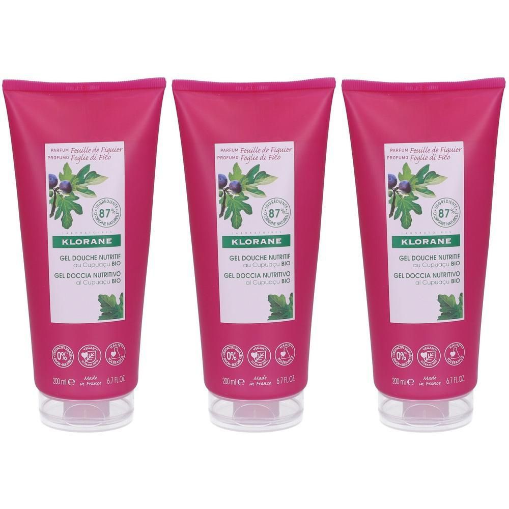 Trois gels douche Klorane au Cupuaçu BIO. Tubes roses avec étiquette blanche et illustration de feuilles et fruits de figuier.