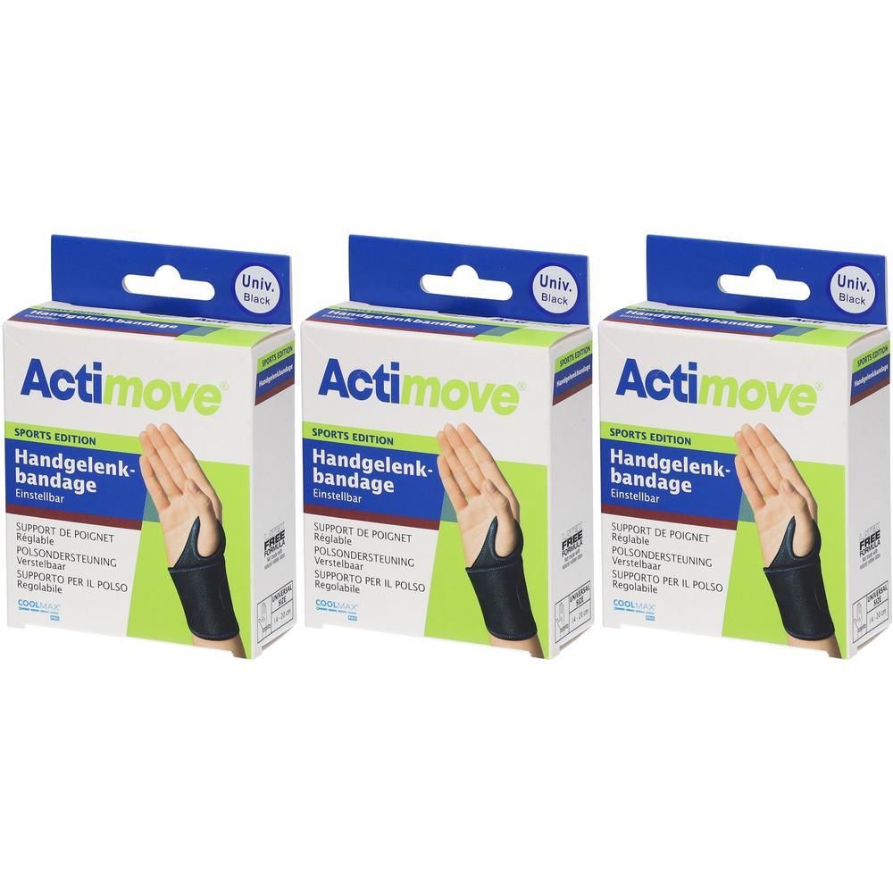 Trois supports de poignet Actimove Sport Support noirs sur leurs emballages.