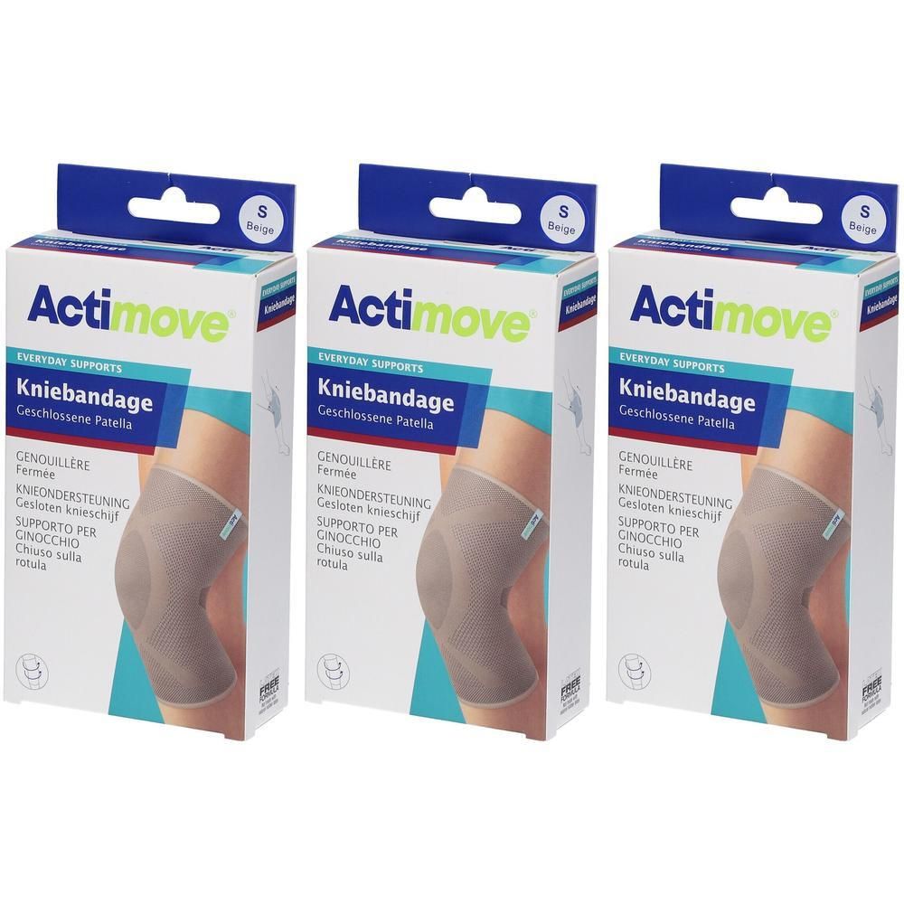 Trois genouillères Actimove beiges, taille S, dans leur emballage.