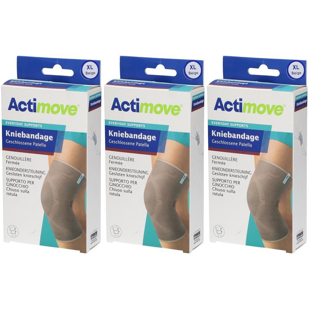 Drie verpakkingen Actimove kniebandages in beige, maat XL.