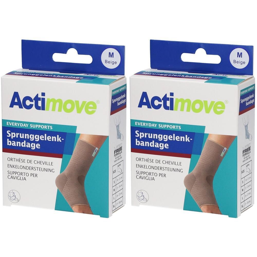 Deux bandages de cheville Actimove beige, taille M, sur leurs emballages.