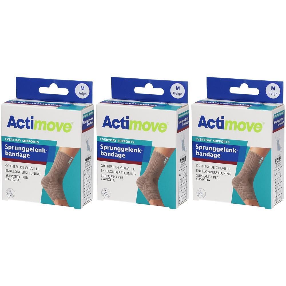 Drie Actimove enkelbraces in beige, maat M, in individuele verpakkingen.
