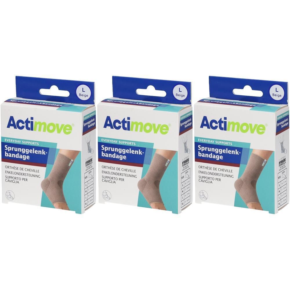 Drie Actimove enkelbanden in beige, maat L, in detailverpakking.