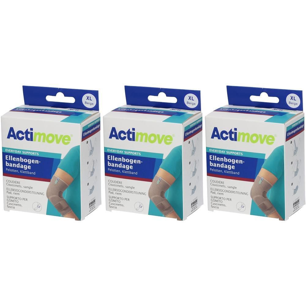 Drie verpakkingen Actimove elleboogbandages, maat XL, beige.