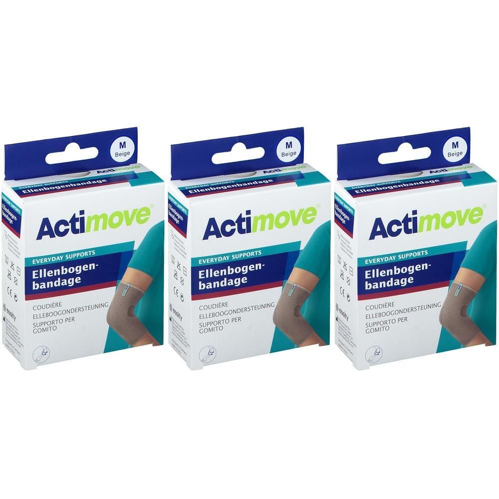 Drie Actimove elleboogbandages in beige, maat M, op kartonnen verpakkingen.