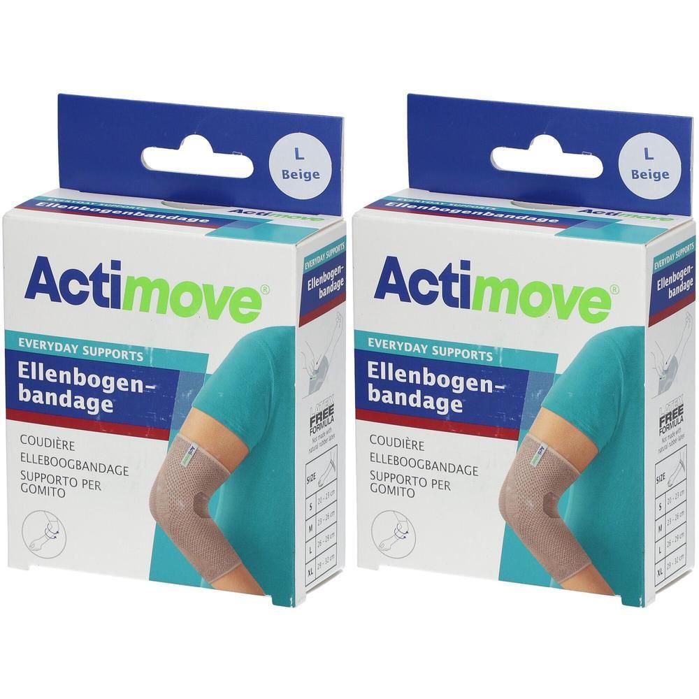 Deux bandages pour coude Actimove, taille L, couleur beige, en emballage.