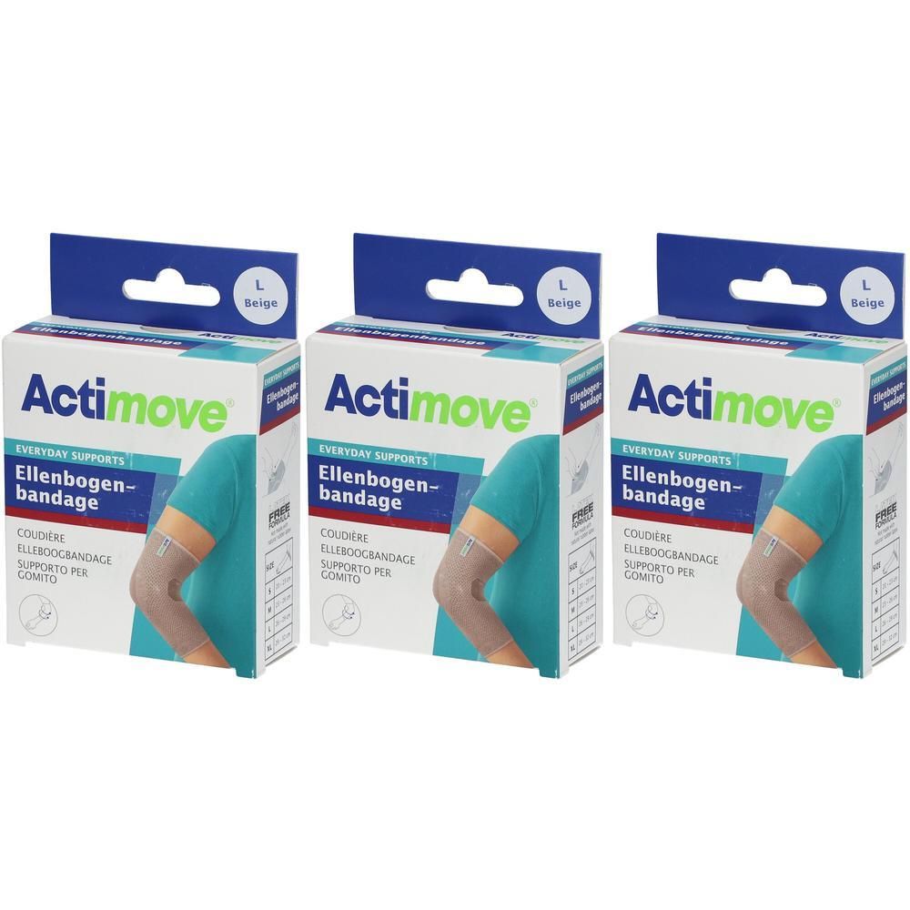 Drie Actimove elleboogbandages in beige, maat L, in retailverpakking.