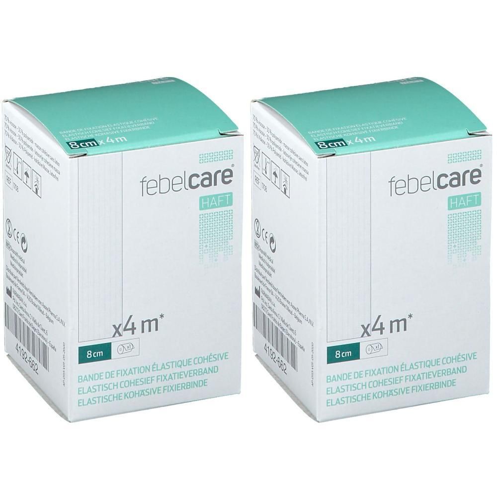 Deux paquets de bande de fixation élastique Febelcare Haft, 8cm x 4m.