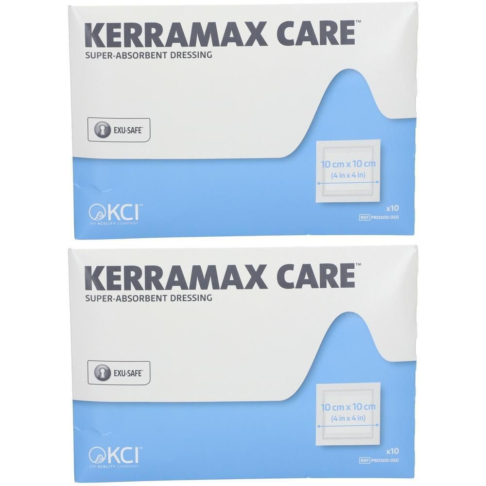 Deux paquets de pansements super-absorbants Kerramax Care, 10x10cm.