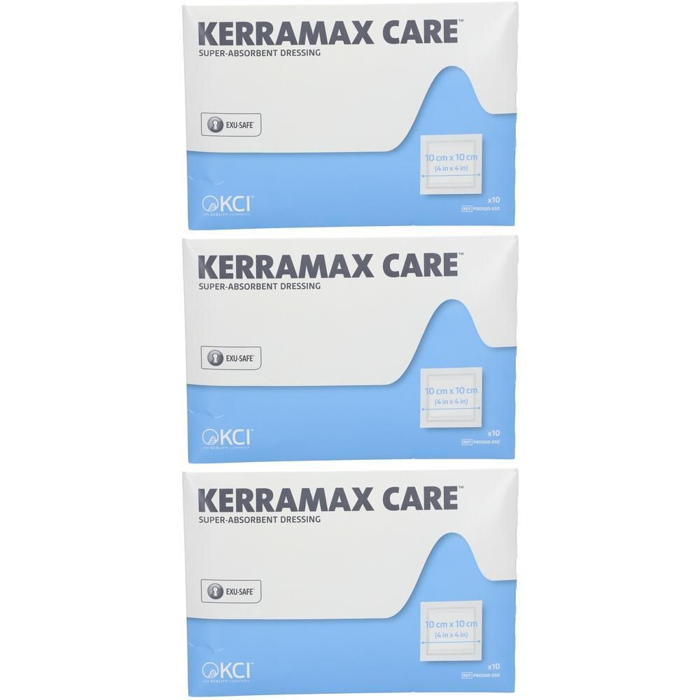 Trois paquets de pansement super-absorbant Kerramax Care, 10x10cm.