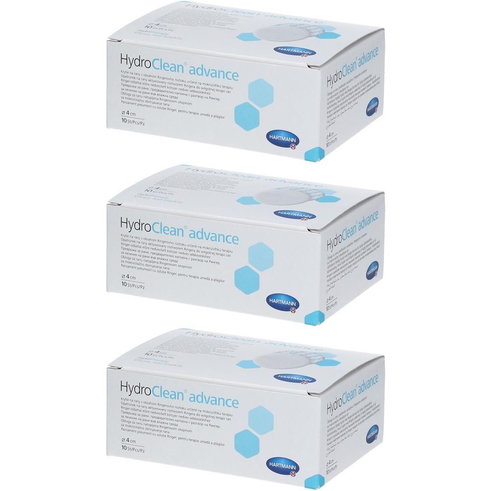 Trois paquets de lingettes de nettoyage de plaies Hartmann HydroClean advance.