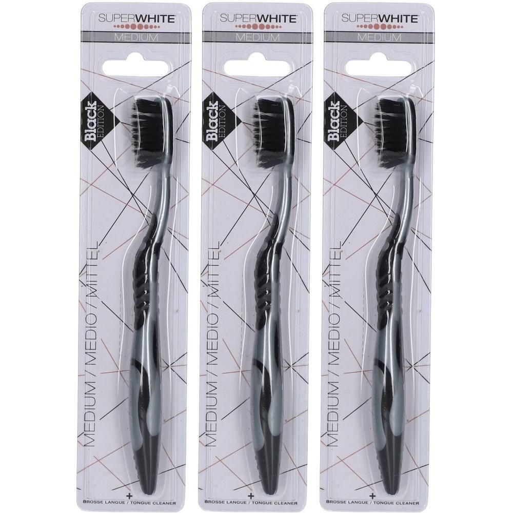 Drie Superwhite Black Edition tandenborstels, Medium, zwart.