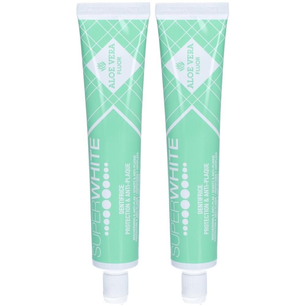 Twee tubes SUPERWHITE tandpasta met aloë vera en fluoride.