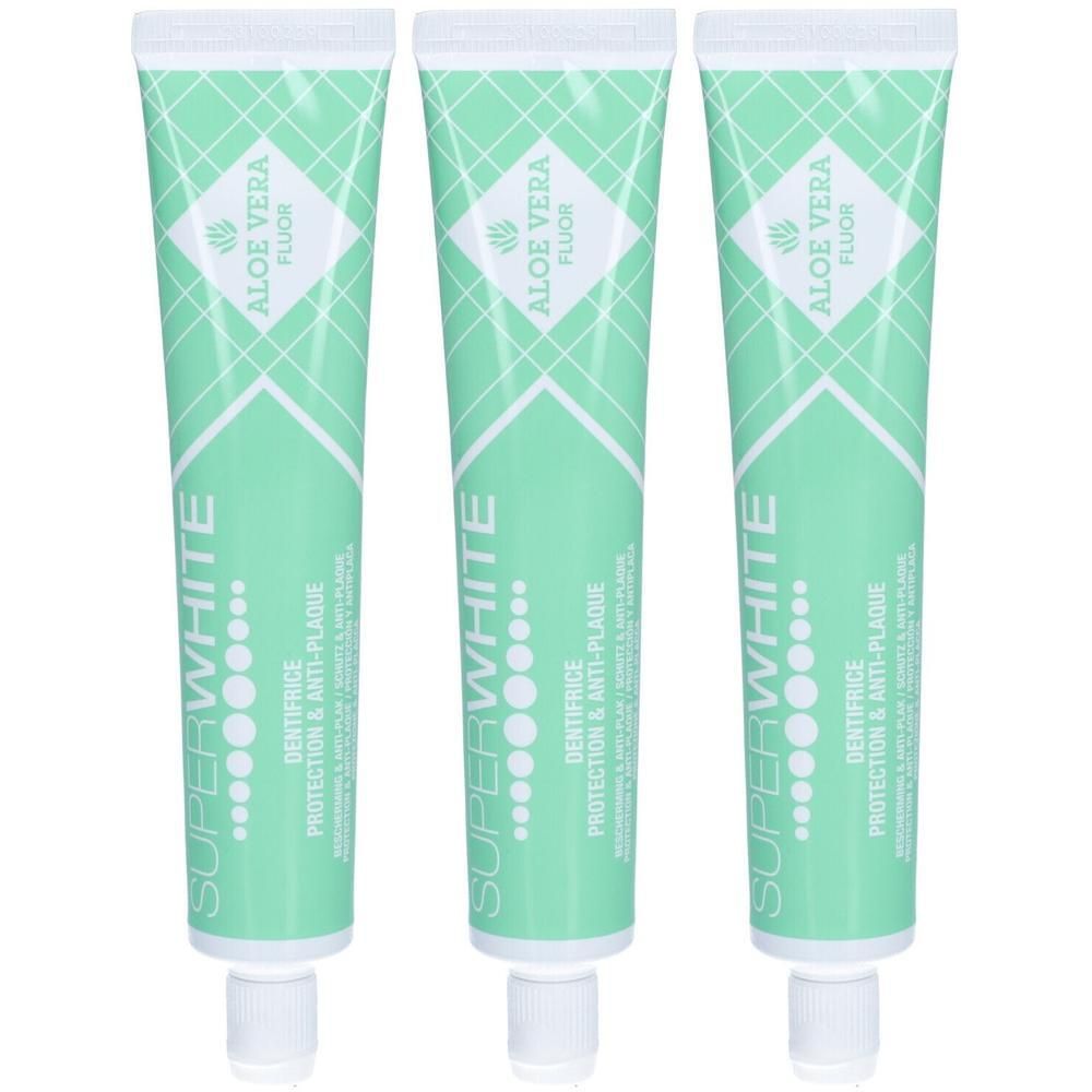 Drie tubes SUPERWHITE Tandpasta Aloë Vera Bescherming & Anti-Plaque.
