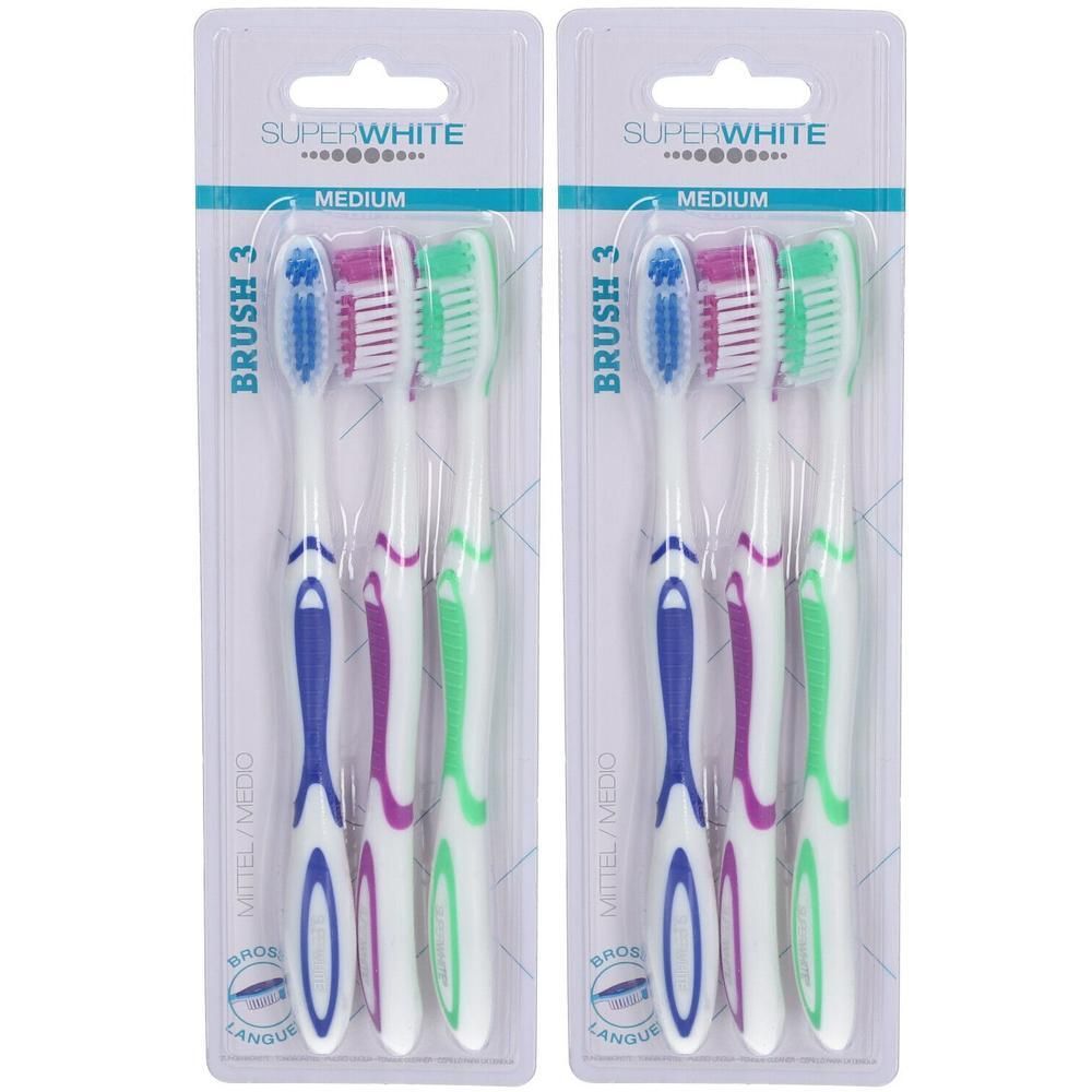 Twee pakken van drie Superwhite tandenborstels, Medium, in blauw, paars en groen.