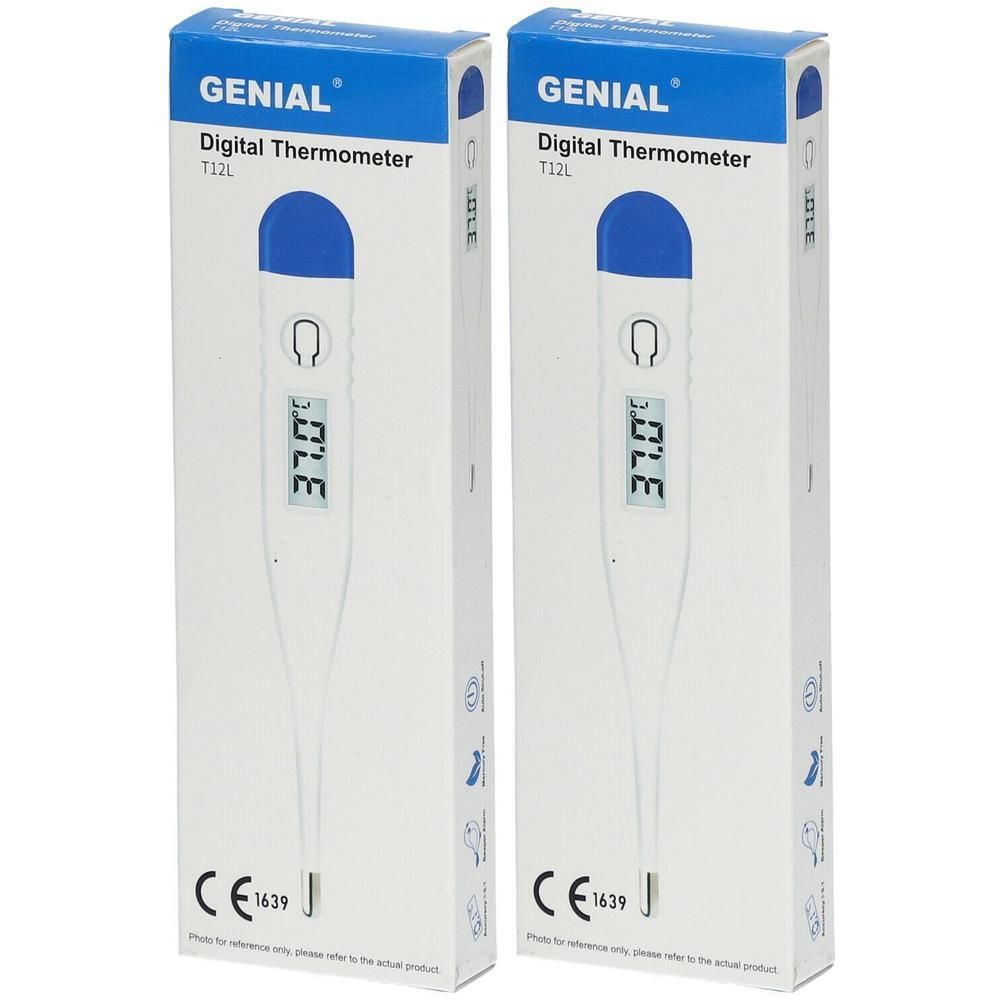 Twee Genial T12L digitale thermometers in verpakking. Weergave 37.0°C. CE-markering.