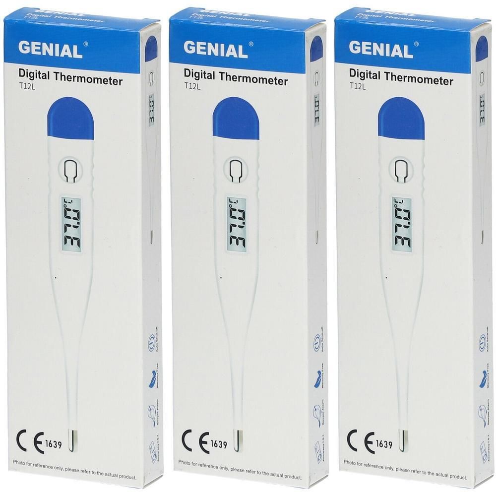Drie witte digitale thermometers Genial T12L met blauwe dop. CE-markering zichtbaar.