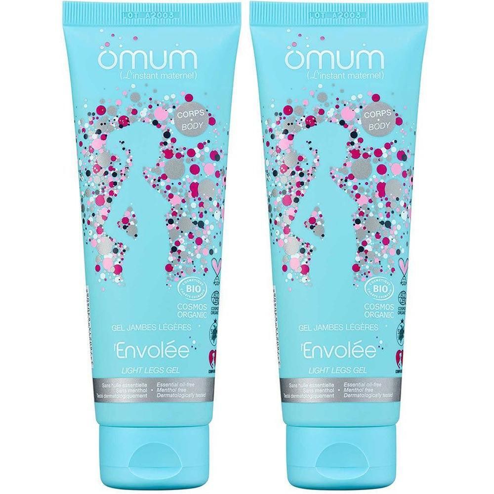 Deux tubes bleus clairs Omum l'Envolée Gel Jambes Légères avec un motif floral.