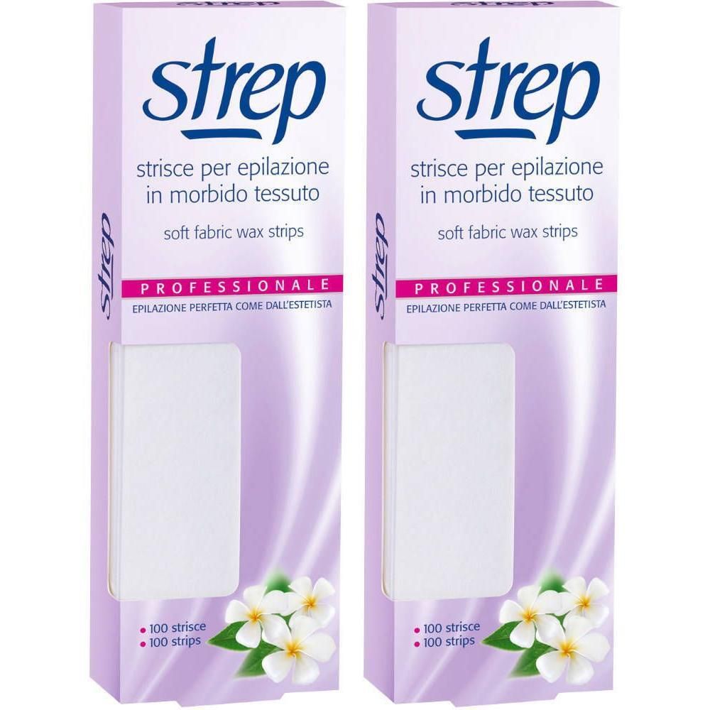 Deux paquets de bandes d'épilation PRO Strep en tissu doux, 100 bandes par paquet.