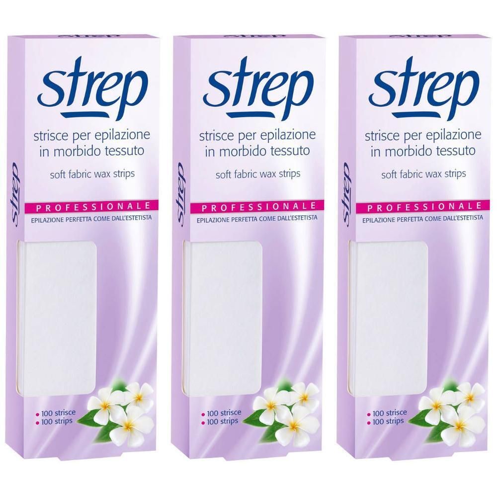 Drie pakken Strep professionele zachte stoffen ontharingsstrips. Elke verpakking bevat 100 strips.