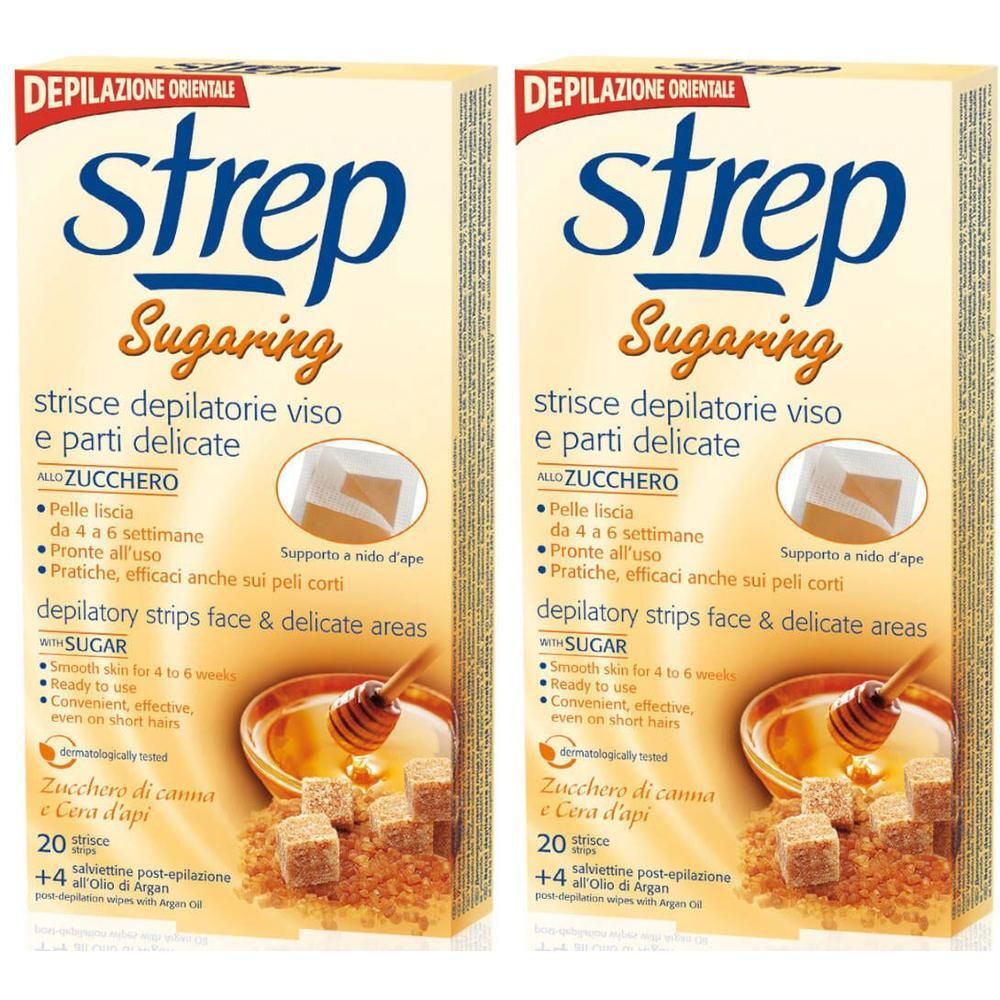 Twee pakken Strep Sugaring ontharingsstrips voor gezicht en gevoelige zones met suiker.
