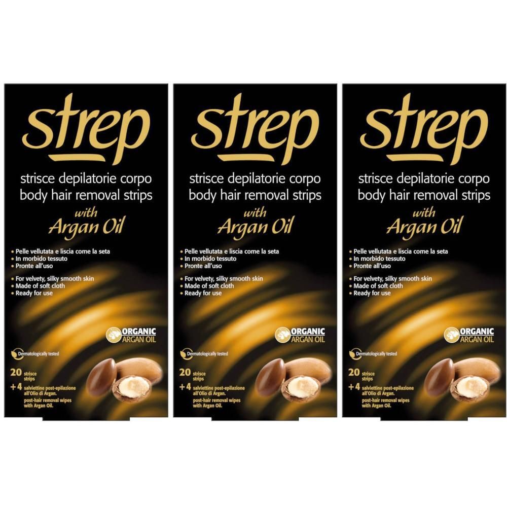Drie pakken Strep body hair removal strips met Arganolie. Bevat 20 strips en 4 doekjes.