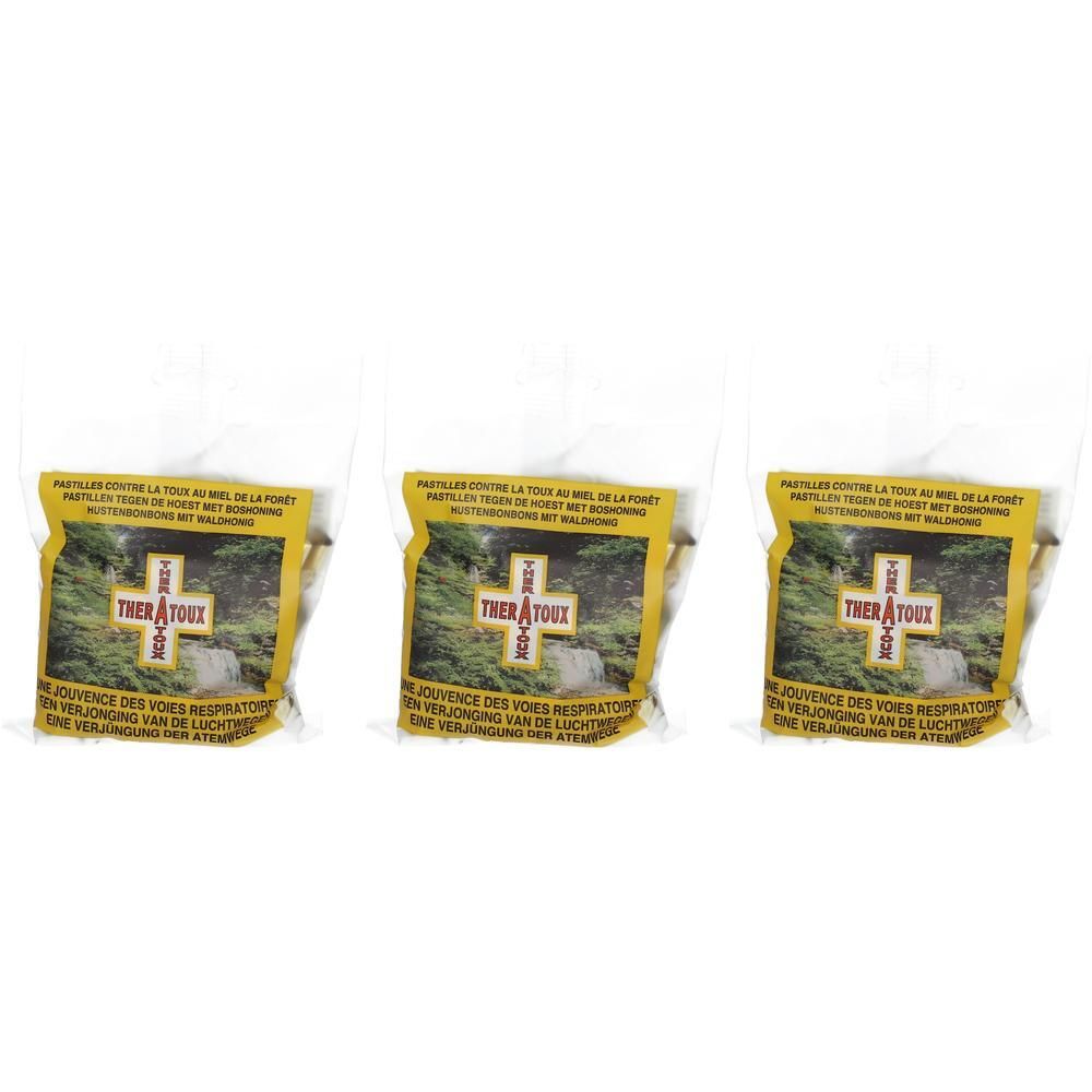 Drie pakjes Theratoux keelpastilles met bos honing en een kruislogo op geel etiket.