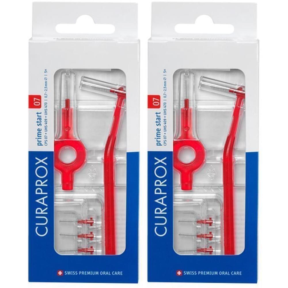 Deux paquets de brosses interdentaires rouges CPS 07 Prime Start avec porte-brosses et capuchons.