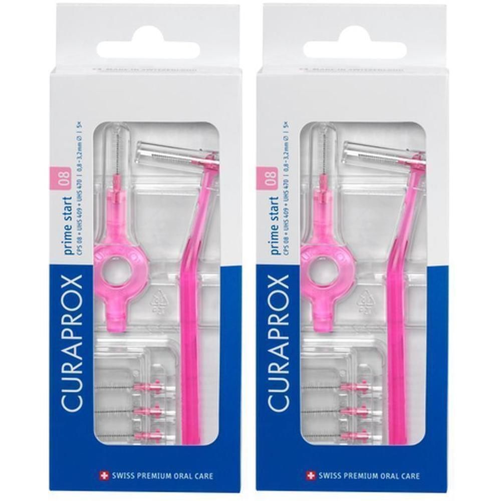 Twee pakken Curaprox CPS 08 Prime Start interdentale borstels in roze. Elke verpakking bevat één borstel en reserveborstels.