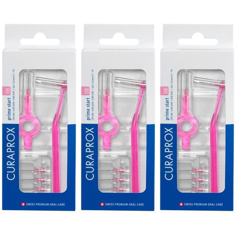 Trois paquets de brosses interdentaires Curaprox CPS 08 Prime Start roses. Chaque paquet contient trois brosses.
