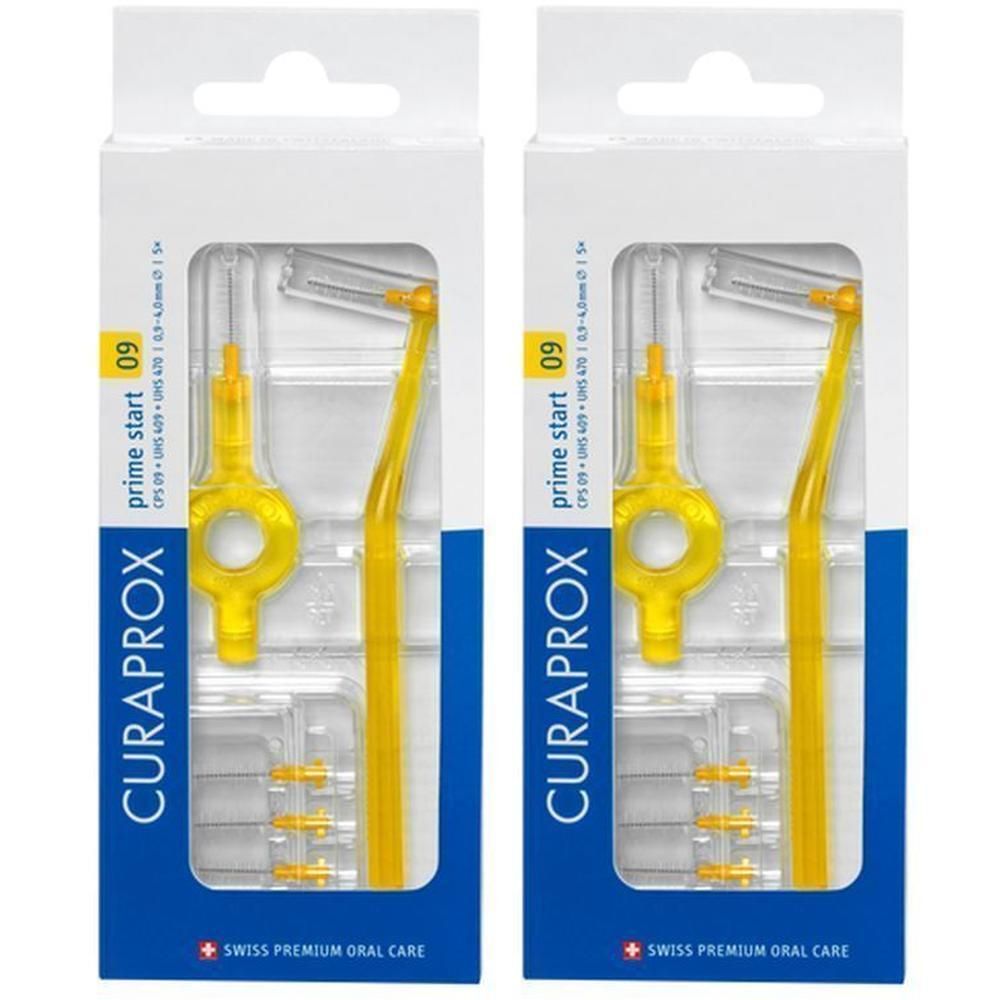 Twee pakken gele Curaprox Interdentale Borstels CPS 09 Prime Start 4mm met elk drie reserveborstels.