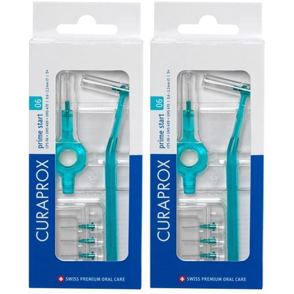 Twee pakken Curaprox interdentale borstels CPS 06 Prime Start in turquoise. Elke verpakking bevat één borstel en reserveborstels.