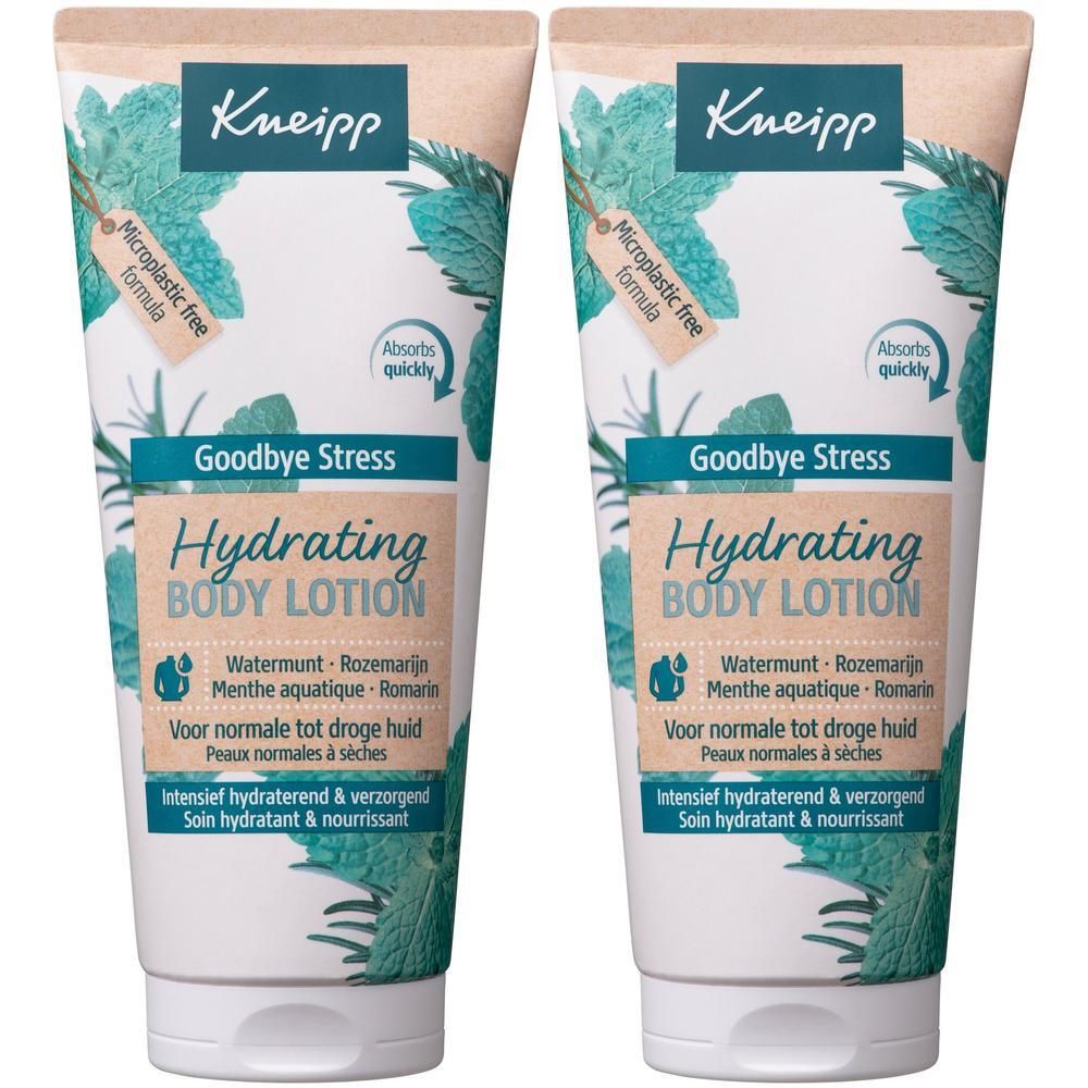 Deux tubes de Lait Corps Hydratant Kneipp Goodbye Stress, parfum menthe et romarin.
